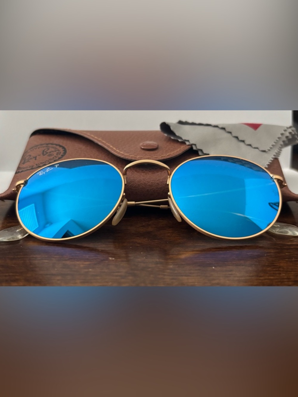 Ray Bans Polarized Gold Frame Sunglasses with Blue Mirrored Lenses
